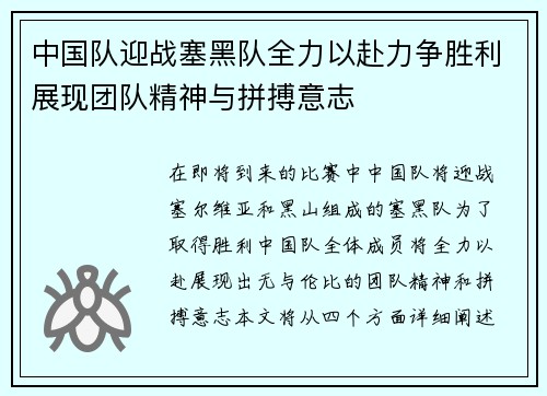 中国队迎战塞黑队全力以赴力争胜利展现团队精神与拼搏意志